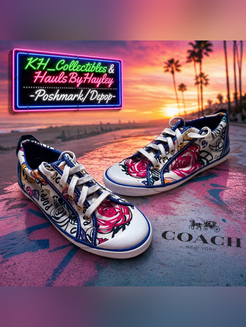 Coach Poppy Barrett Scribble Floral Canvas Sneakers Size 9B